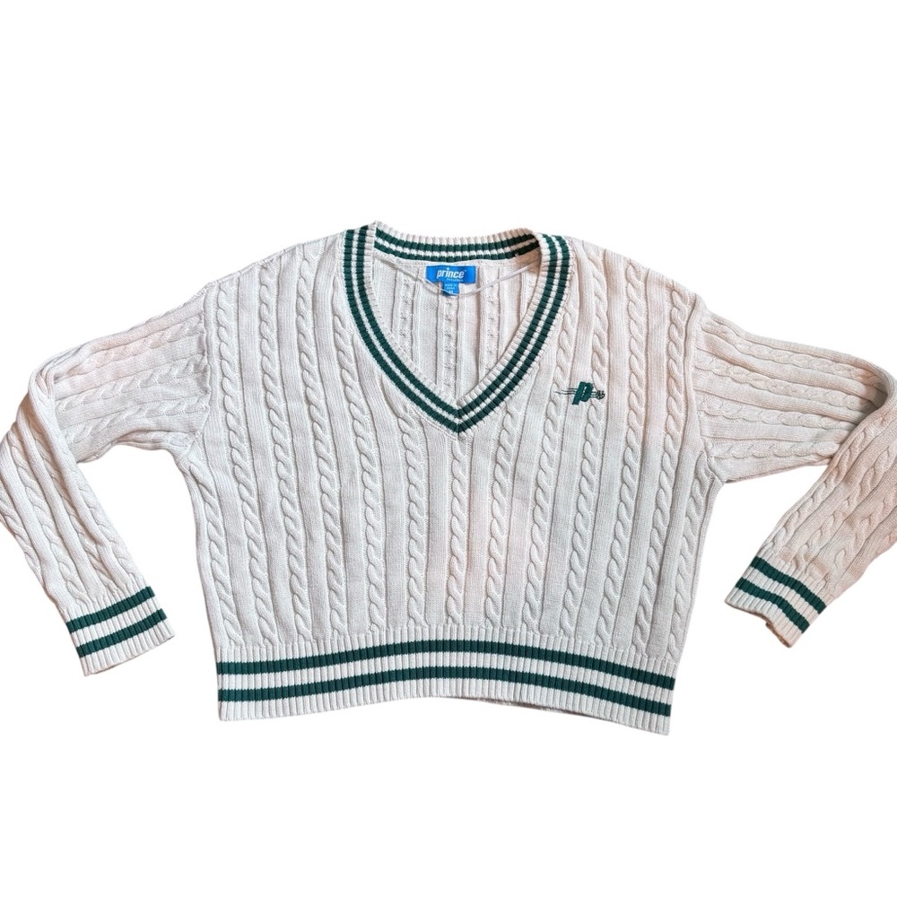 Prince Pickleball Cable Knit V-Neck Sweater Women’s  Medium Beige Green Trim